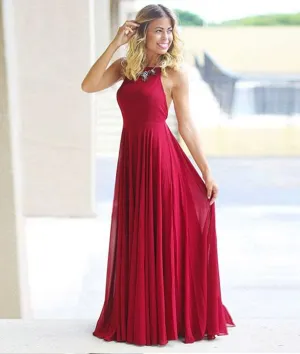 Simple Burgundy A Line Backless Chiffon Long Prom Dresses, Burgundy Backless Formal Dresses, Evening Dresses