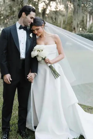 Simple Satin A-line Strapless Sweep Train Wedding Dress With Slit, MW1089