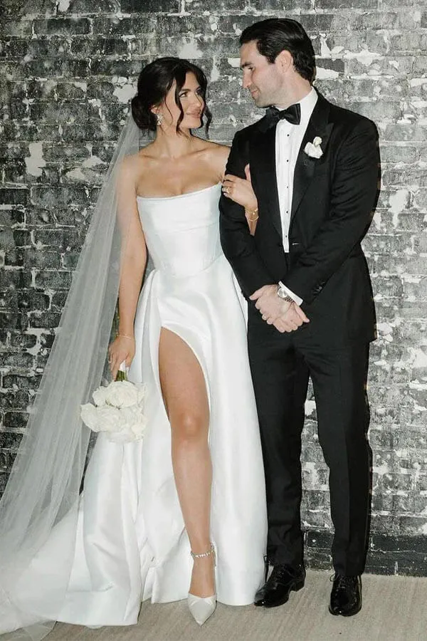 Simple Satin A-line Strapless Sweep Train Wedding Dress With Slit, MW1089
