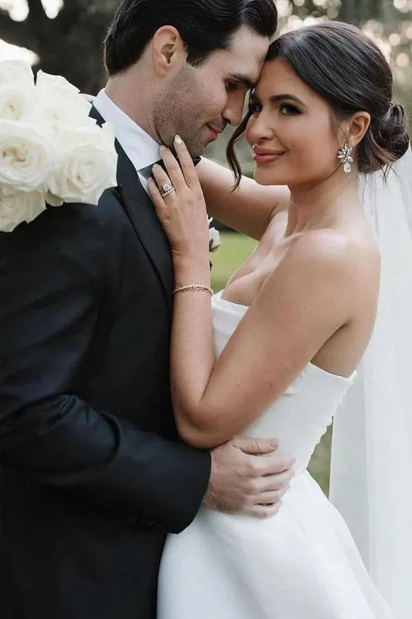 Simple Satin A-line Strapless Sweep Train Wedding Dress With Slit, MW1089
