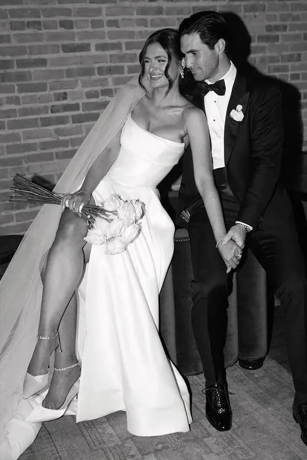 Simple Satin A-line Strapless Sweep Train Wedding Dress With Slit, MW1089