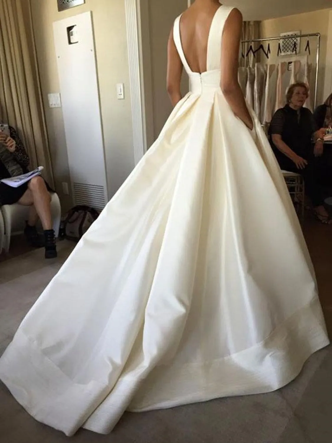 Simple V Neck Ivory Satin Long Prom Dress, Open Back Ivory Formal Evening Dress, Ivory Wedding Dress