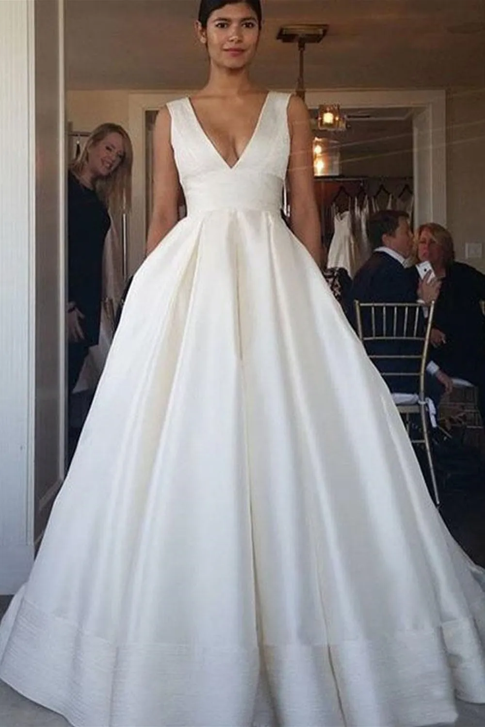 Simple V Neck Ivory Satin Long Prom Dress, Open Back Ivory Formal Evening Dress, Ivory Wedding Dress