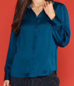 Skies Are Blue Crinkle Satin Long Sleeve Button Down Blouse