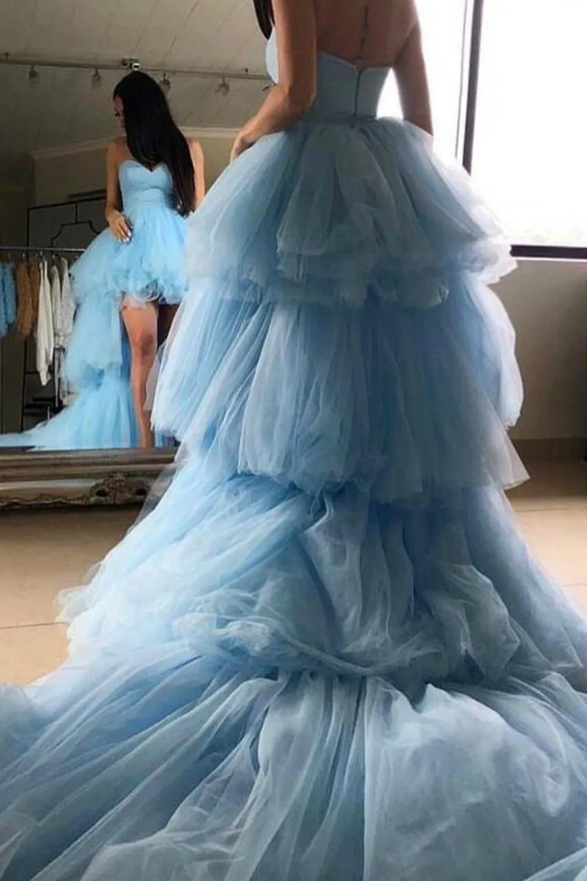Sky-blue Sweetheart High-Low Prom Dresses with Rich Tulle Long Train