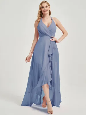 Slate Blue Halter V-Neck Backless High Low Chiffon Maxi Bridesmaid Dress