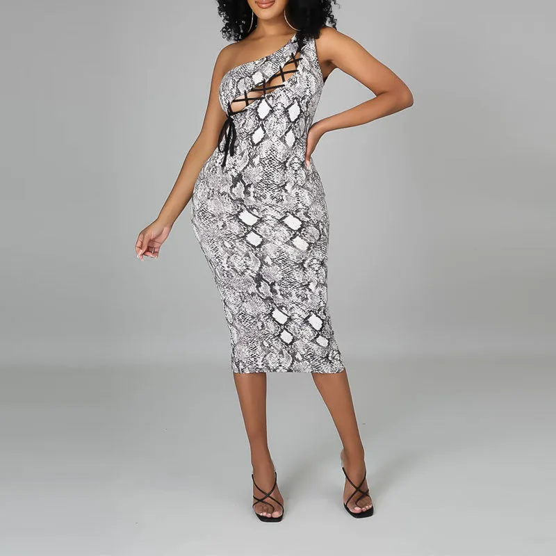 Snakeskin Pattern One Shoulder Hollow Out Lace Up Midi Dress