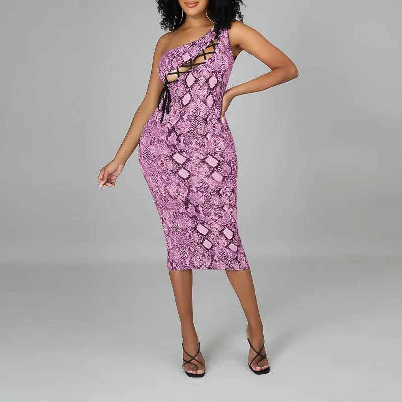 Snakeskin Pattern One Shoulder Hollow Out Lace Up Midi Dress