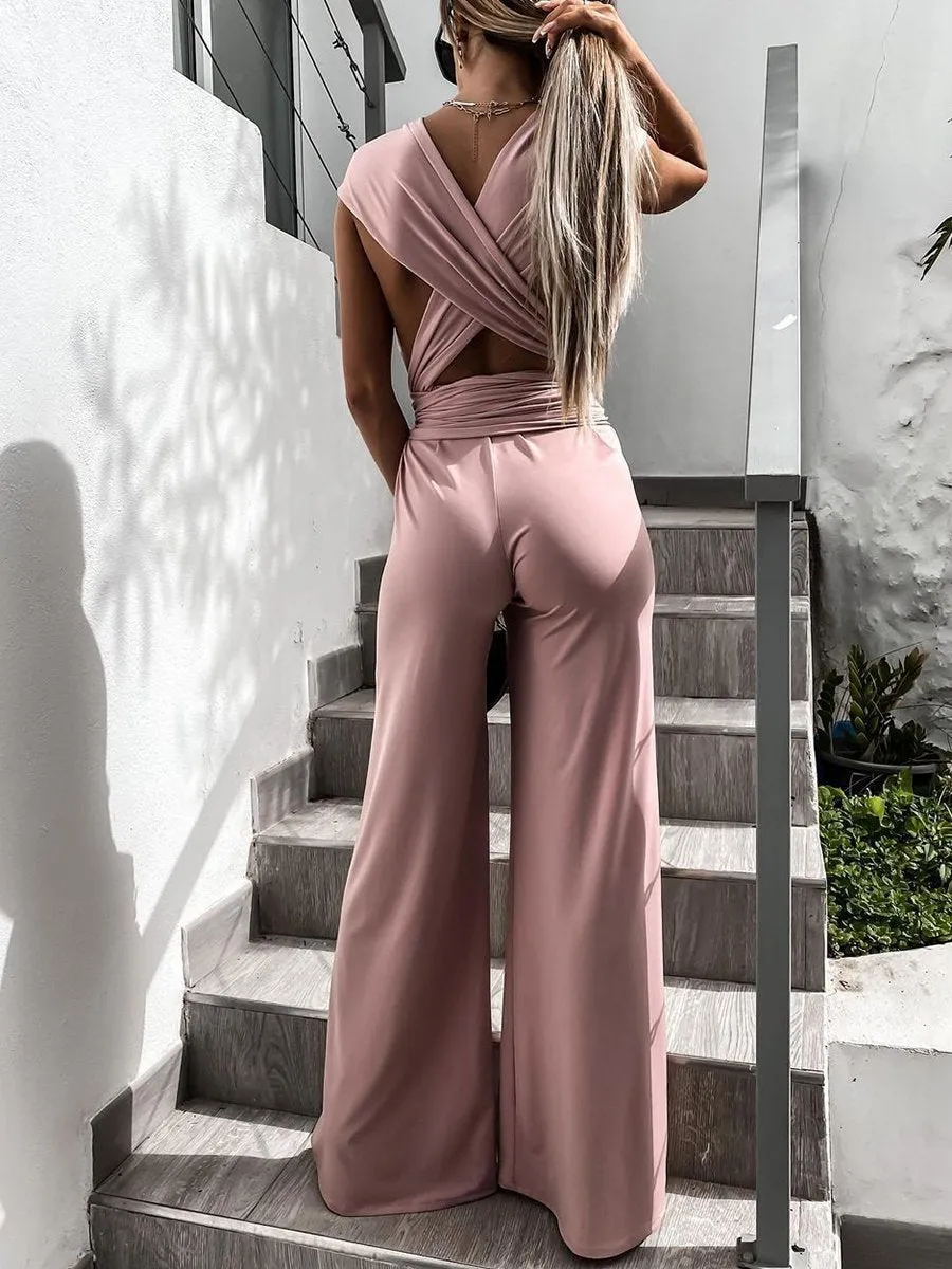 Solid Color Sexy Deep V Lace-up Flared Jumpsuit