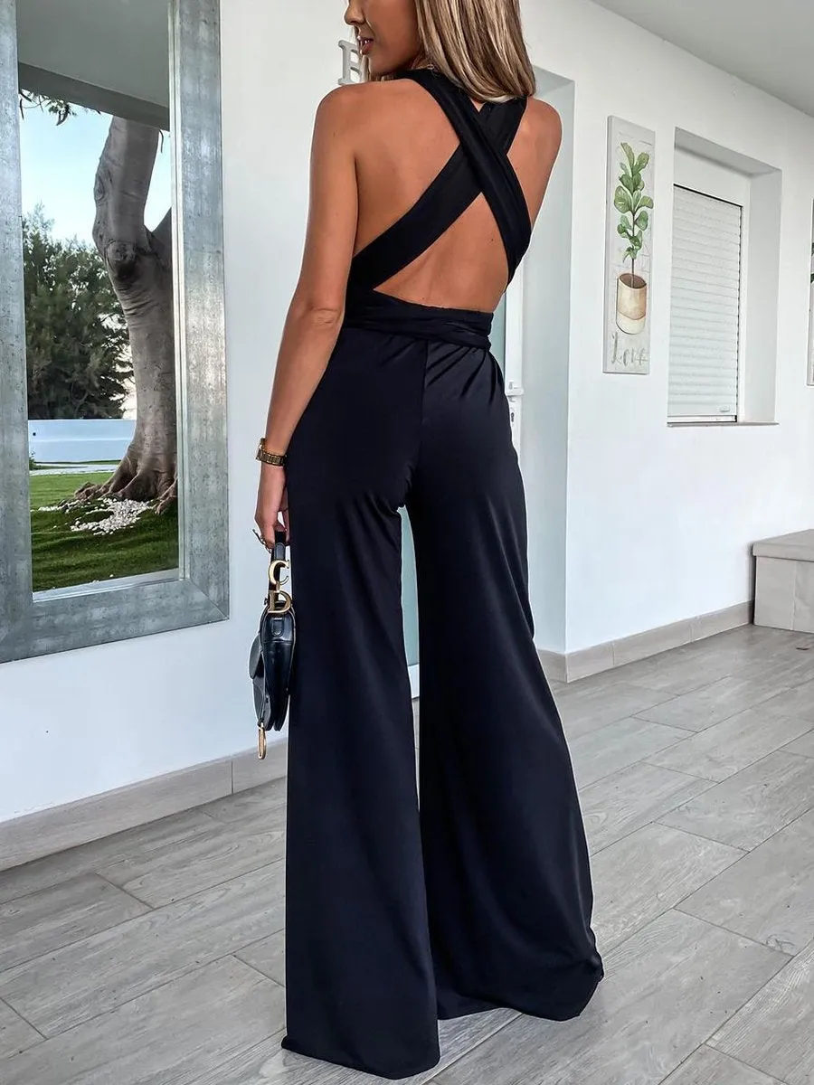 Solid Color Sexy Deep V Lace-up Flared Jumpsuit