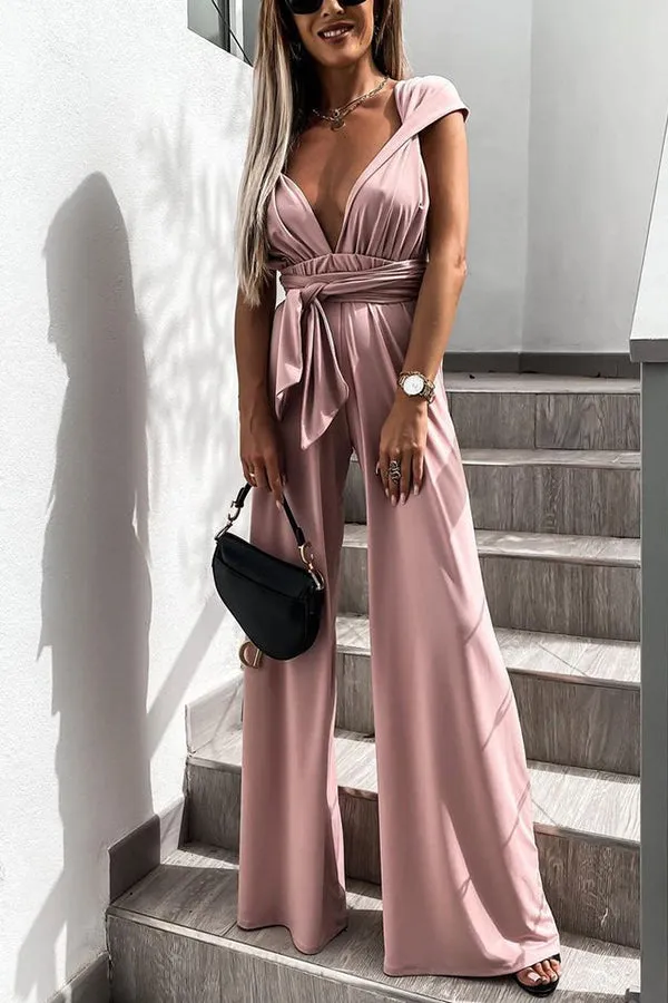 Solid Color Sexy Deep V Lace-up Flared Jumpsuit