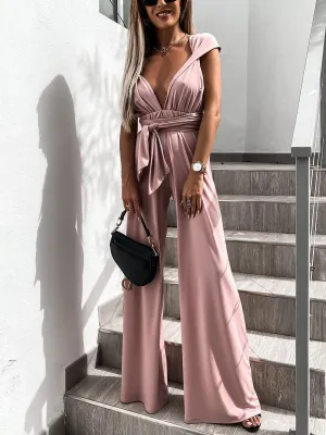 Solid Color Sexy Deep V Lace-up Flared Jumpsuit