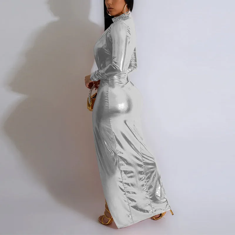 Solid High Neck Ruched Dress