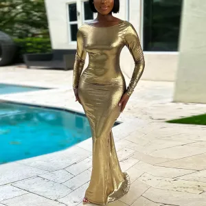Solid Long Sleeve Ruched Backless Maxi Dress