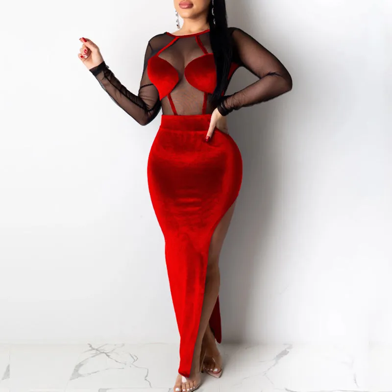 Solid Sheer Mesh Patchwork Velvet High Split Party Dress