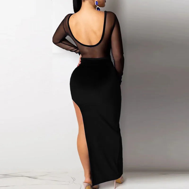 Solid Sheer Mesh Patchwork Velvet High Split Party Dress