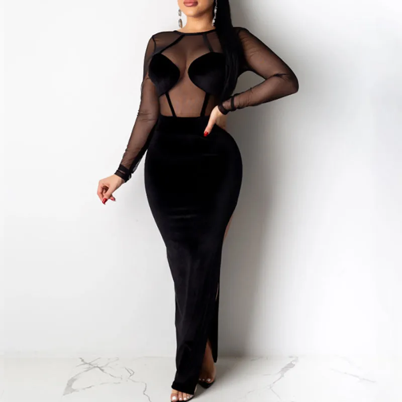 Solid Sheer Mesh Patchwork Velvet High Split Party Dress