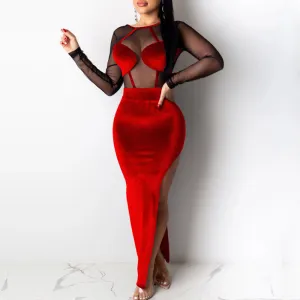 Solid Sheer Mesh Patchwork Velvet High Split Party Dress