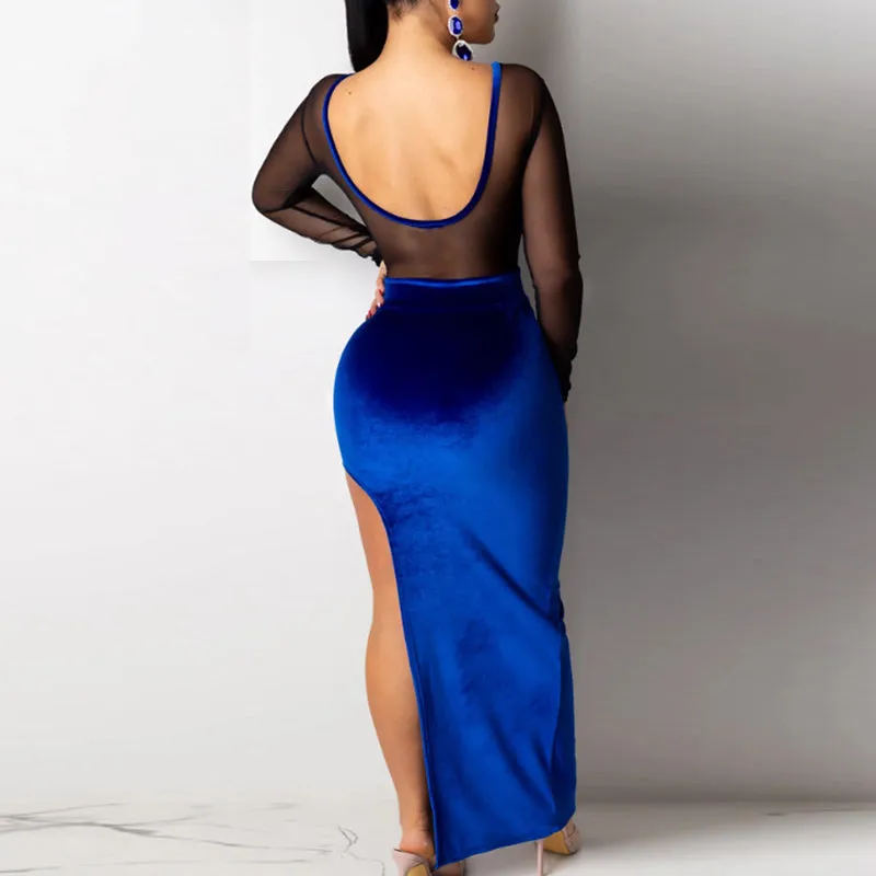 Solid Sheer Mesh Patchwork Velvet High Split Party Dress