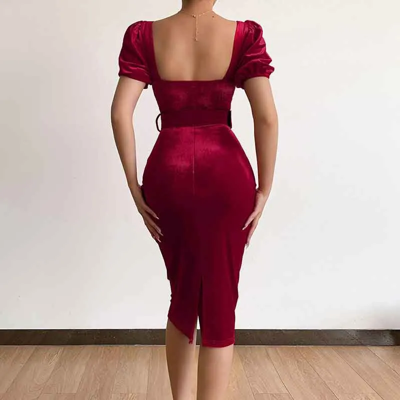 Solid Square Neck Puff Sleeve Midi Dress