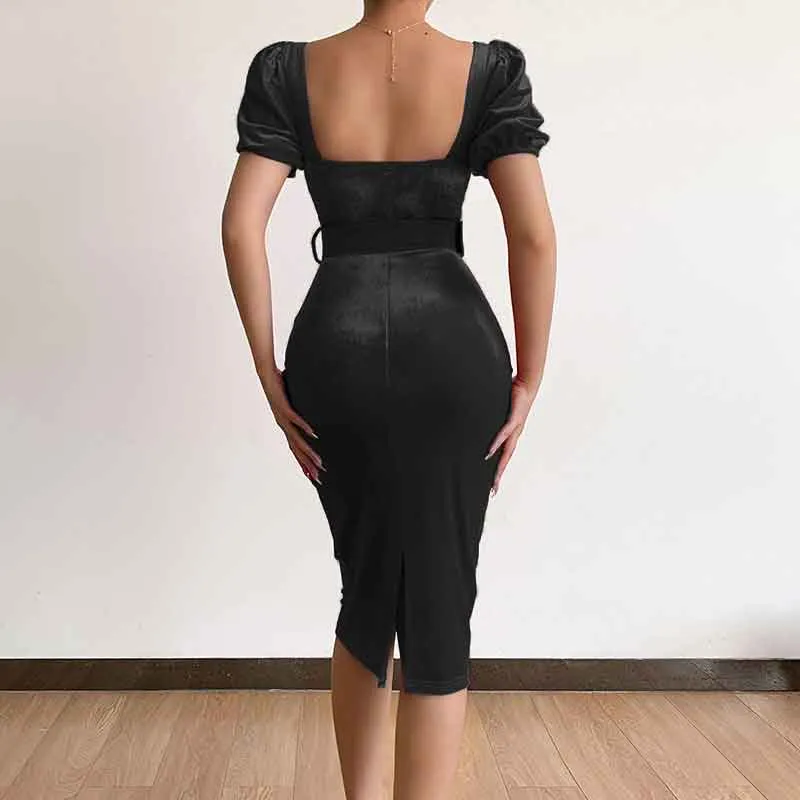 Solid Square Neck Puff Sleeve Midi Dress