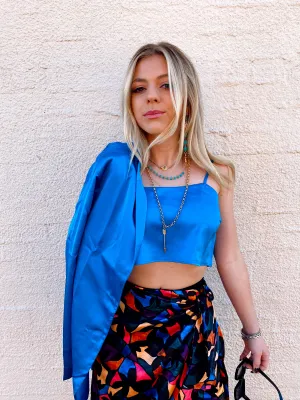 Spaghetti Satin Crop Top ~ Blue Luxe