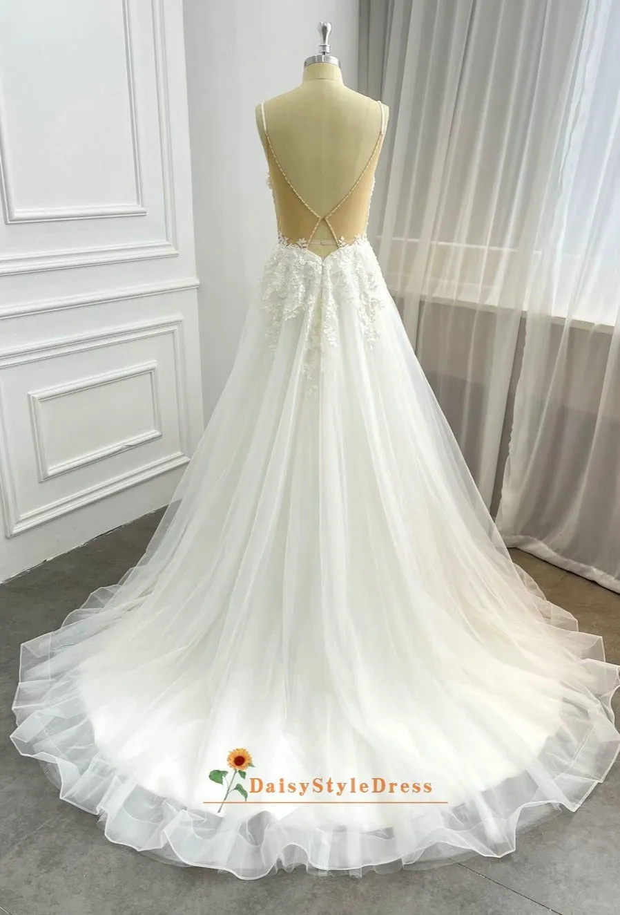 Spaghetti Straps Backless Summer Wedding Dress