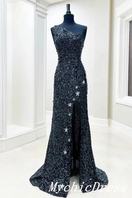 Sparkly Black Sequin Prom Dresses One Shoulder Mermaid Evening Gown Split
