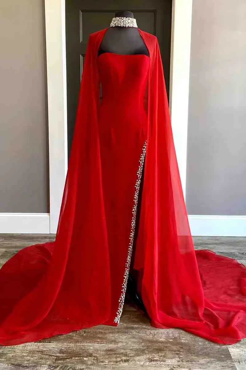 Strapless Beaded Side Slit Red Long Prom Dress with Cape