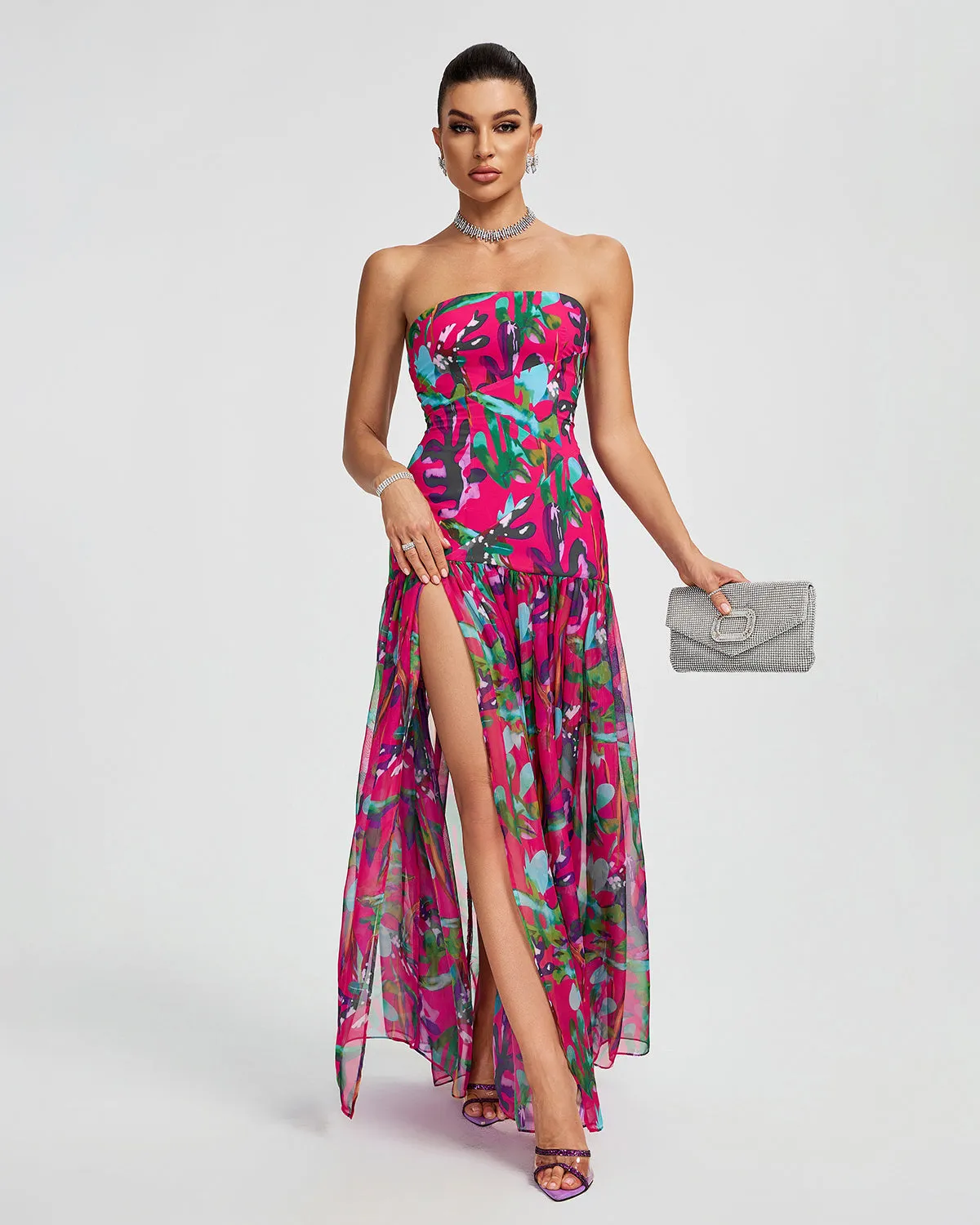 Strapless Chiffon High Split Maxi Dress