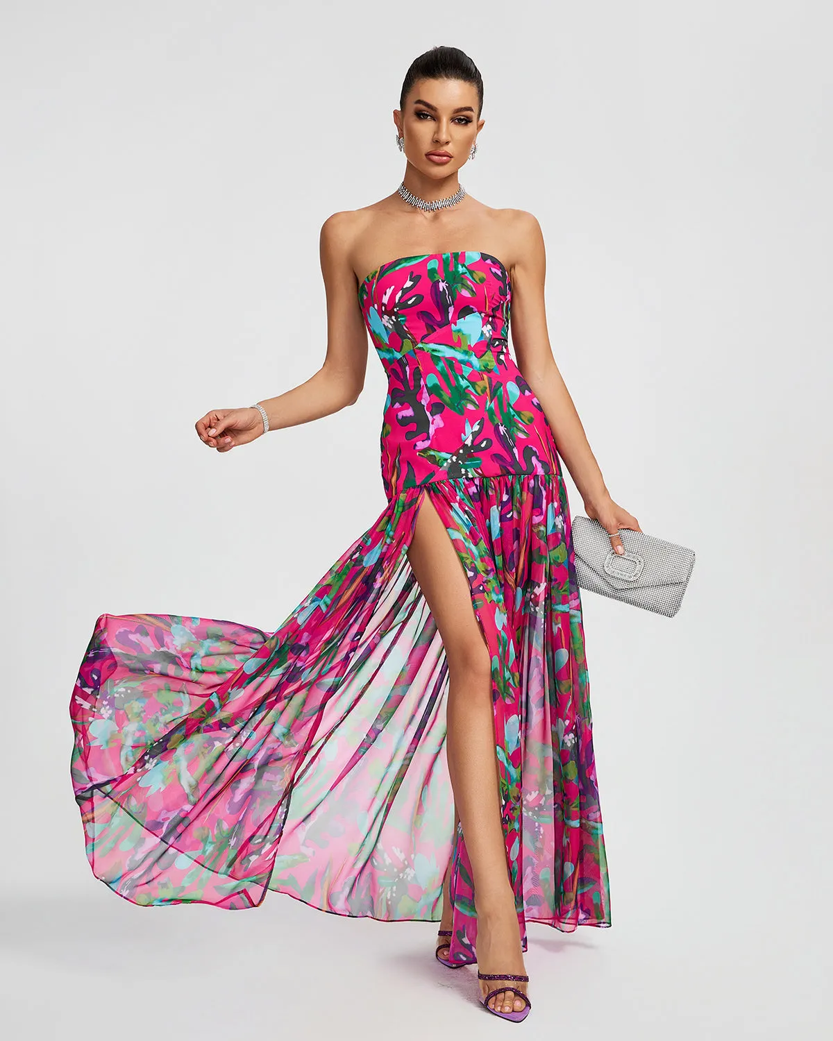 Strapless Chiffon High Split Maxi Dress