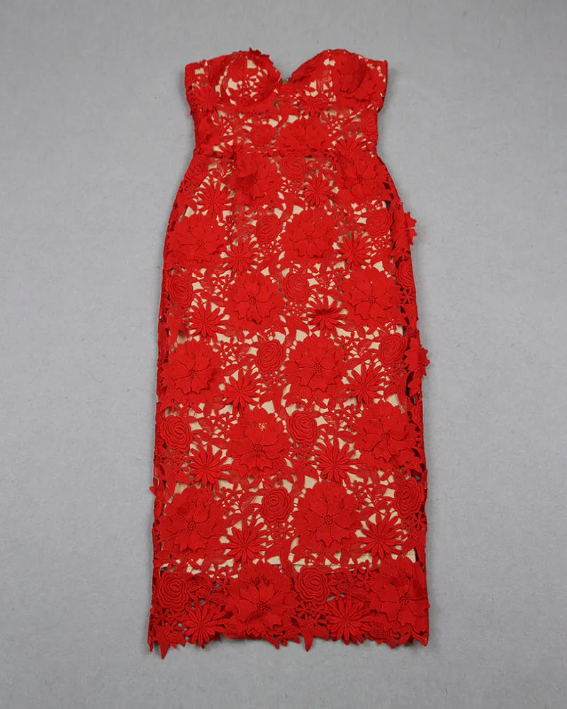 Strapless Floral Applique Midi Dress