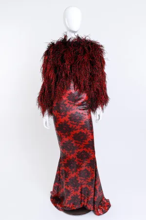 Strapless Floral Sequin Gown & Feather Jacket Set