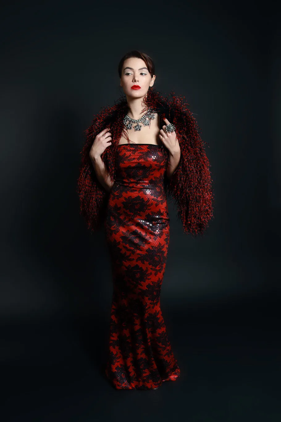 Strapless Floral Sequin Gown & Feather Jacket Set