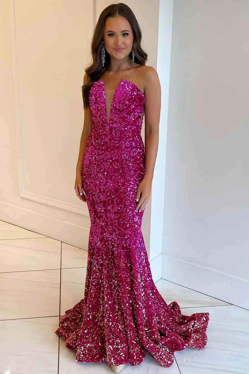 Strapless Fuchsia Mermad Sequins Long Prom Dress