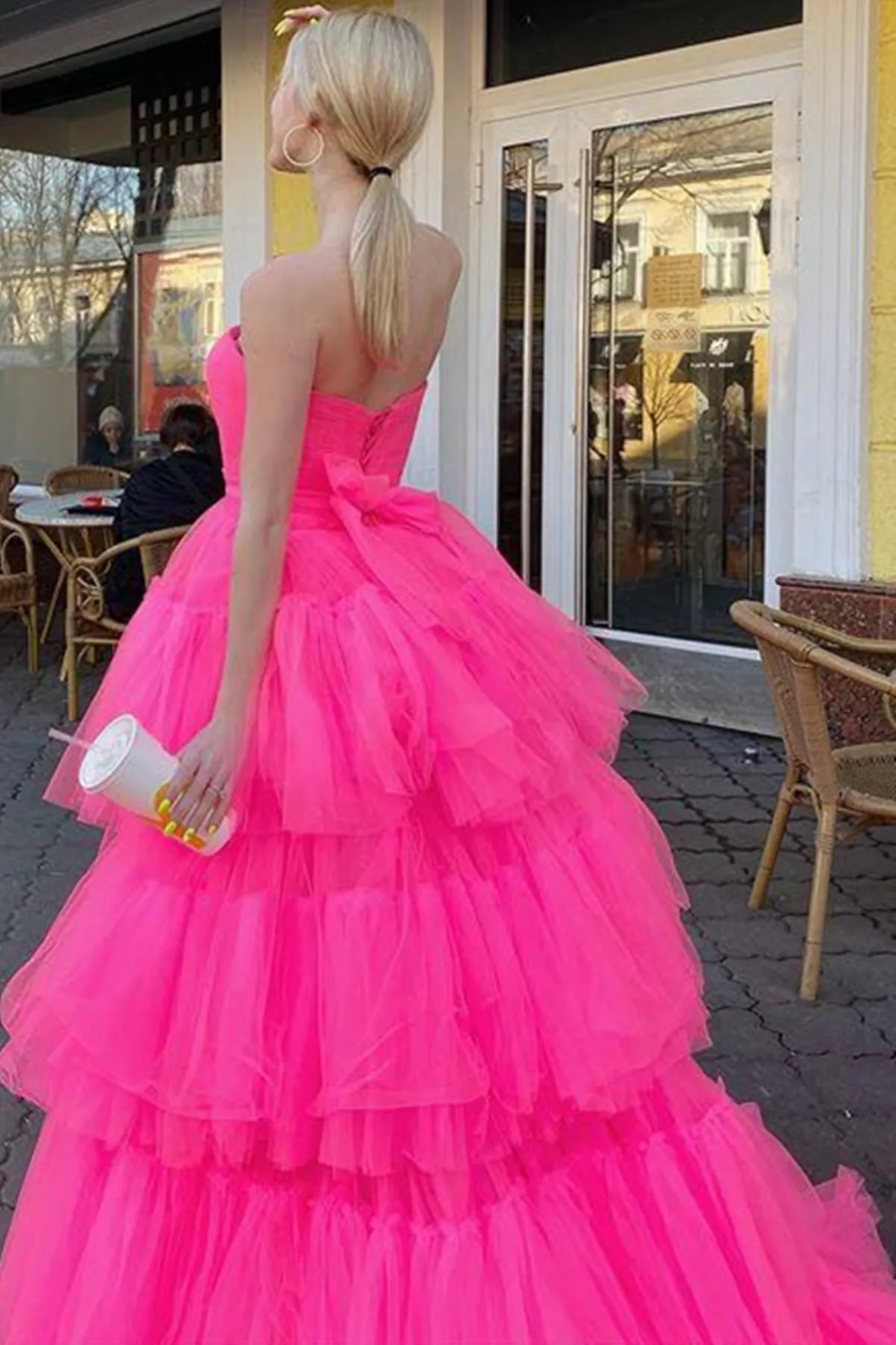 Strapless High Low Layered Hot Pink Tulle Long Prom Dress, High Low Hot Pink Formal Dress, Hot Pink Evening Dress A1543