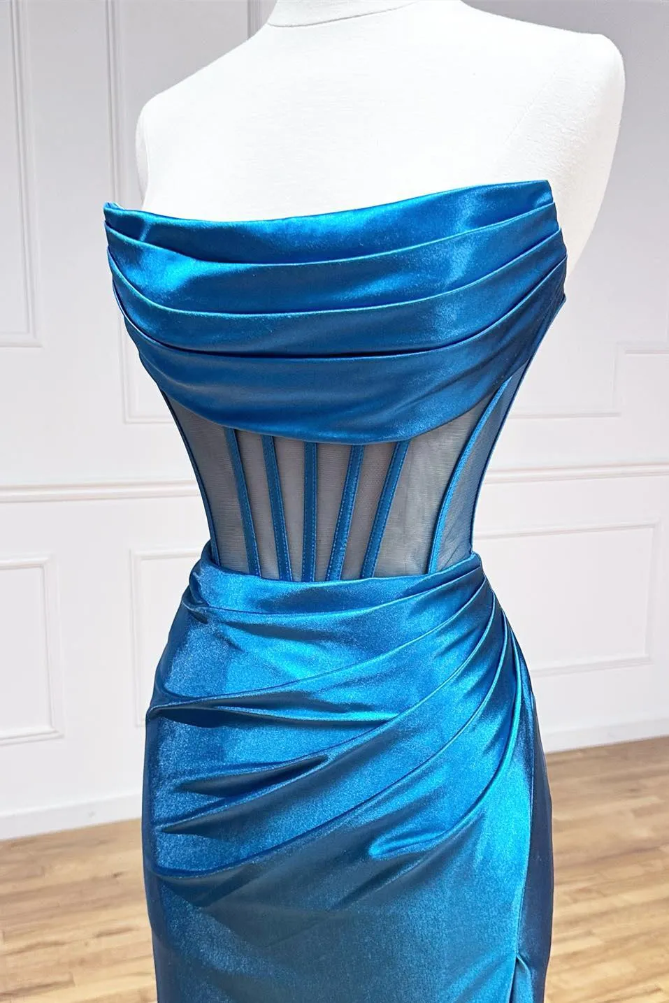 Strapless Pleated Boning Sheer Long Prom Dress with Slit