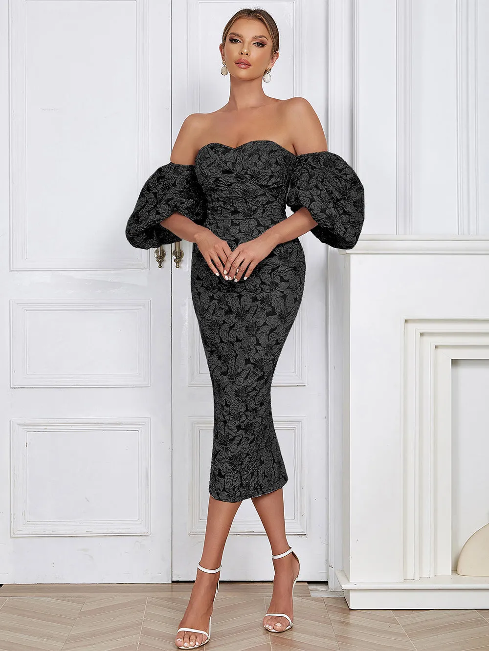 Strapless Short Sleeve Decorative Pattern Maxi Bodycon Dress HB02140