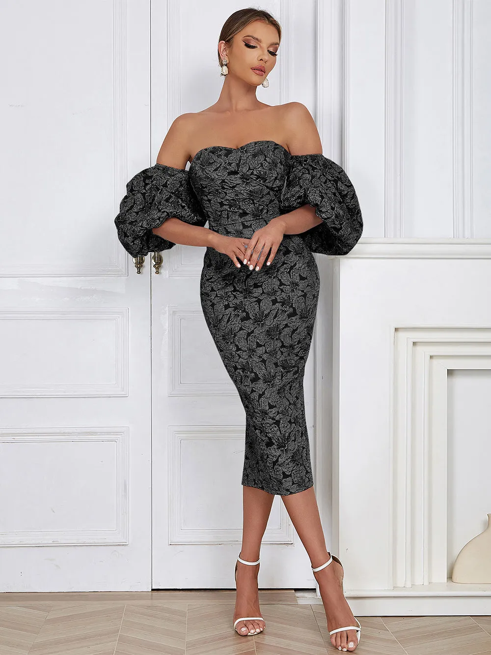 Strapless Short Sleeve Decorative Pattern Maxi Bodycon Dress HB02140