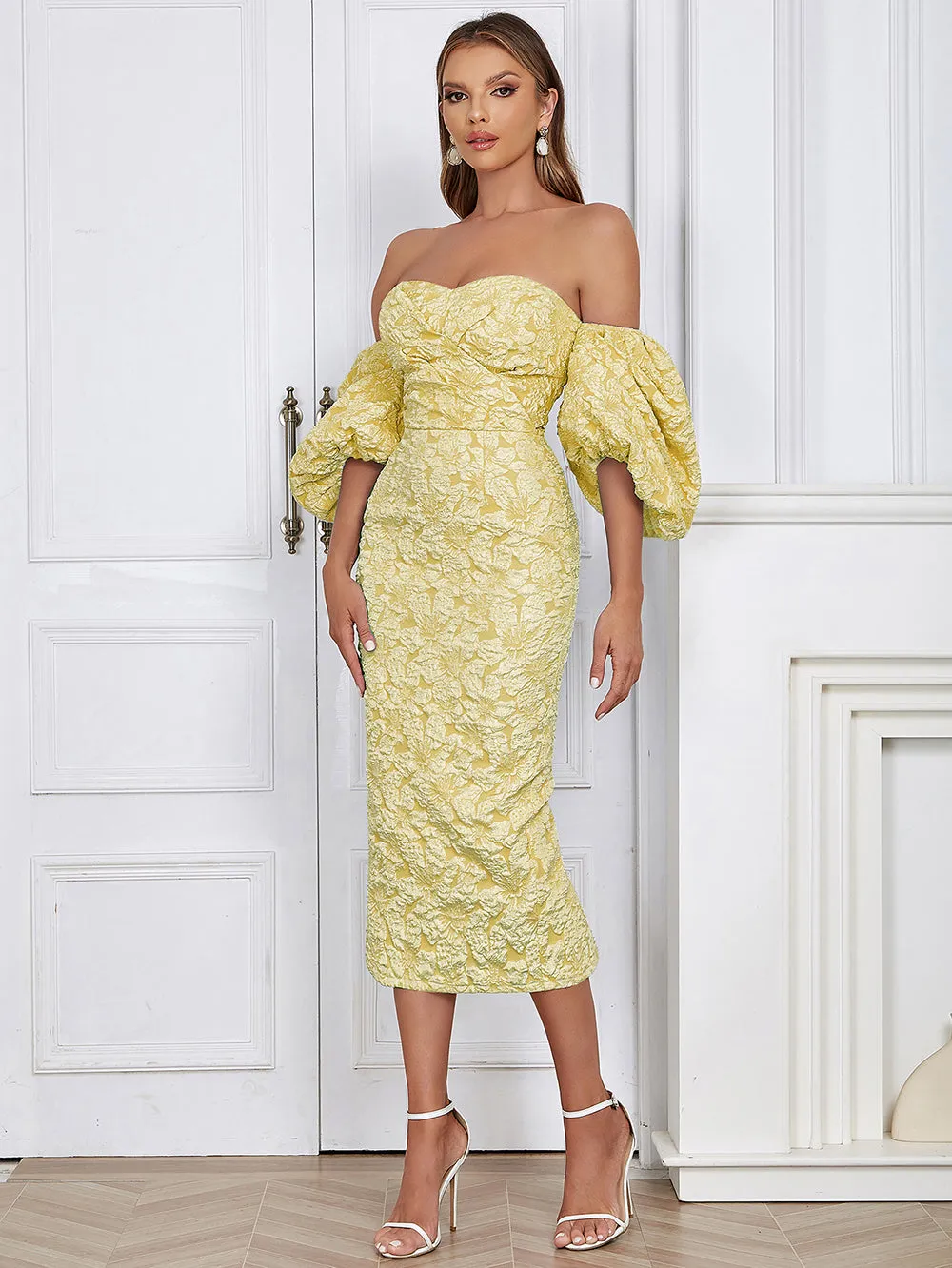 Strapless Short Sleeve Decorative Pattern Maxi Bodycon Dress HB02140