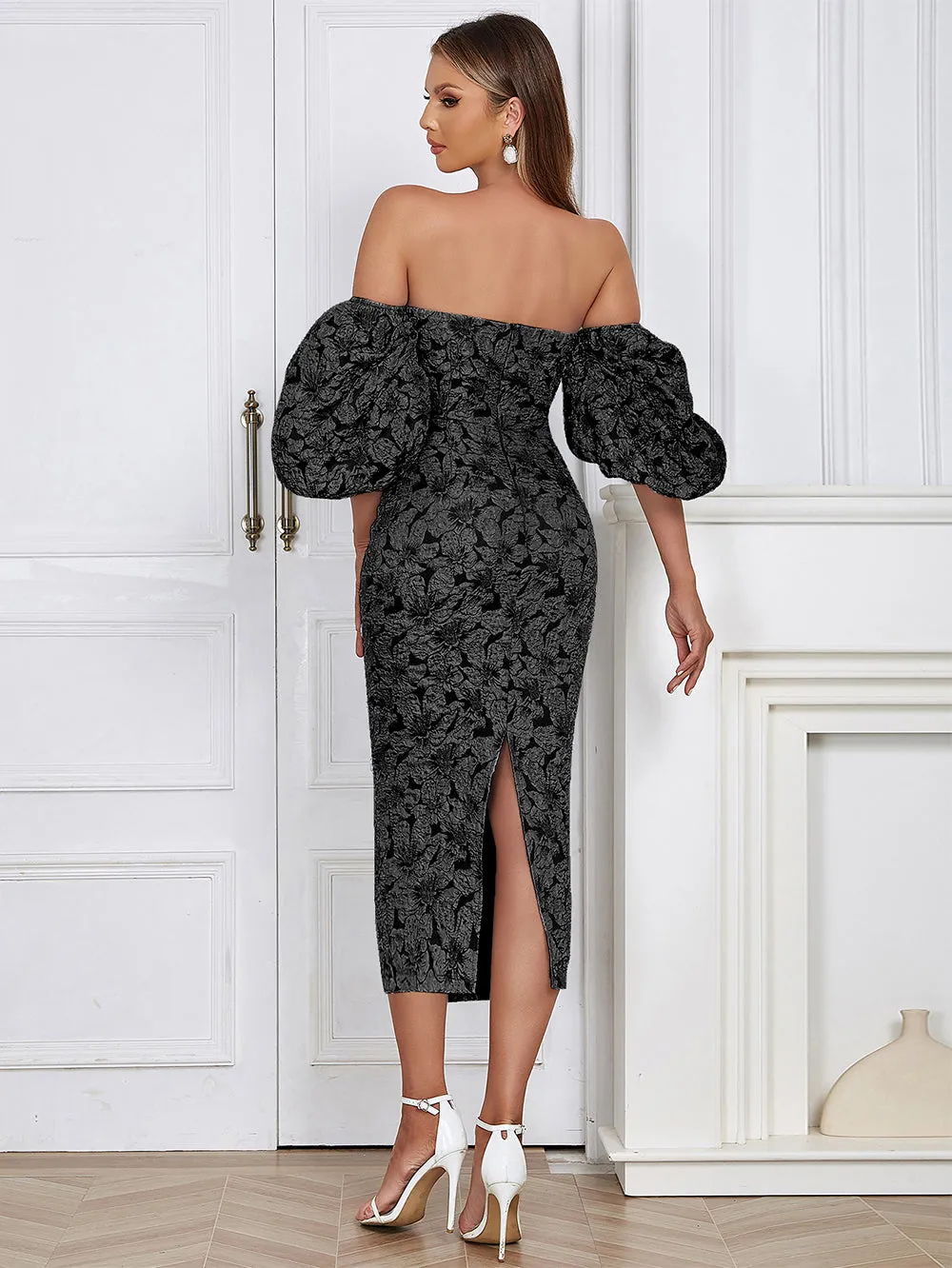 Strapless Short Sleeve Decorative Pattern Maxi Bodycon Dress HB02140
