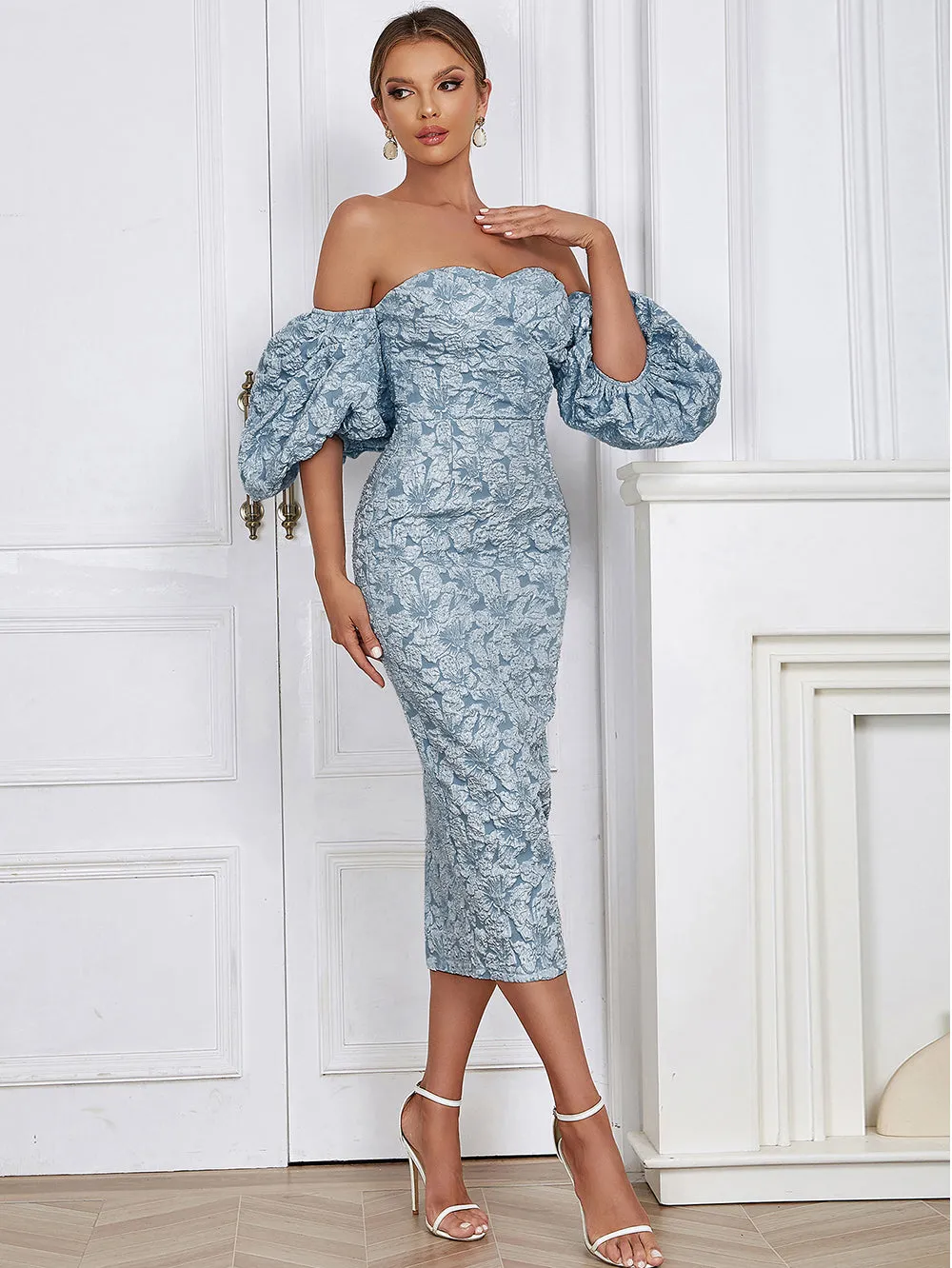 Strapless Short Sleeve Decorative Pattern Maxi Bodycon Dress HB02140