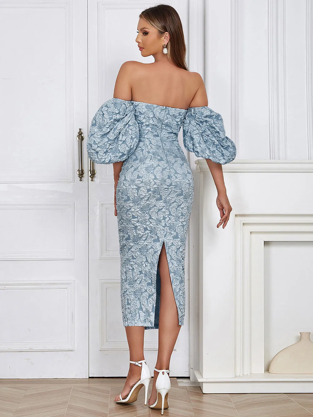 Strapless Short Sleeve Decorative Pattern Maxi Bodycon Dress HB02140