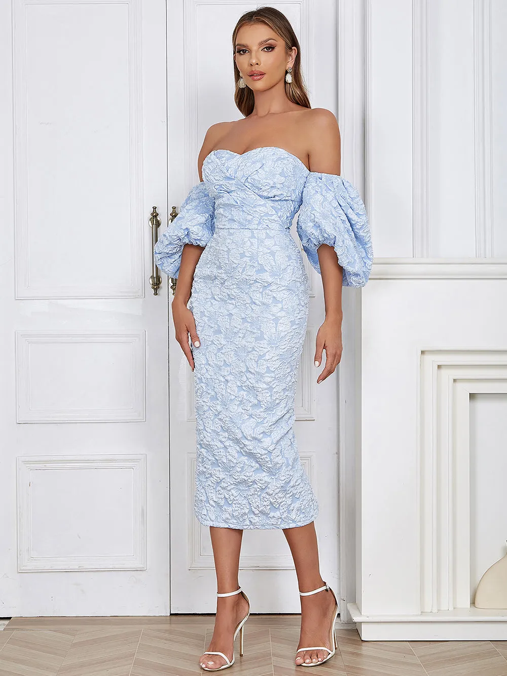 Strapless Short Sleeve Decorative Pattern Maxi Bodycon Dress HB02140