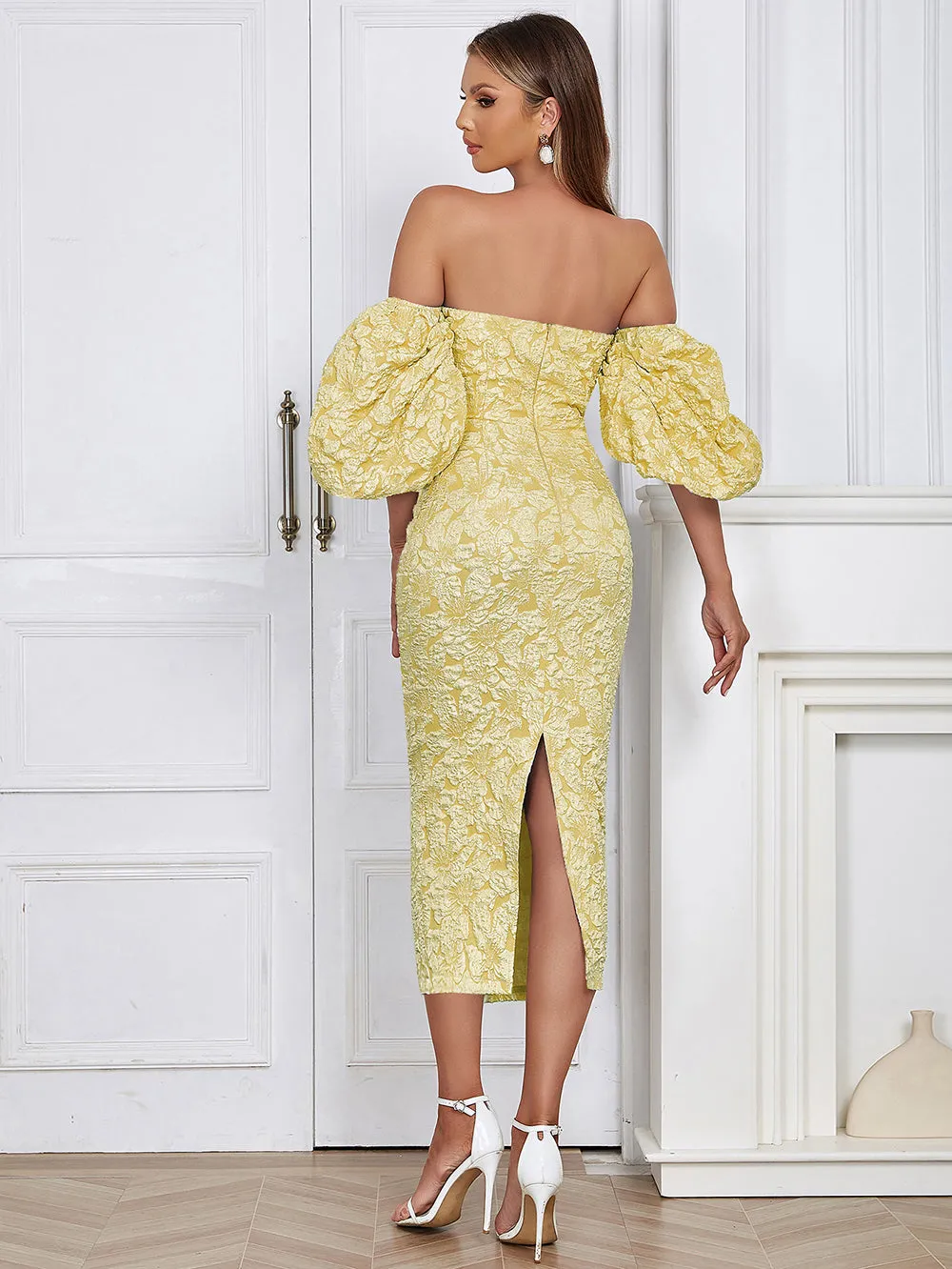 Strapless Short Sleeve Decorative Pattern Maxi Bodycon Dress HB02140