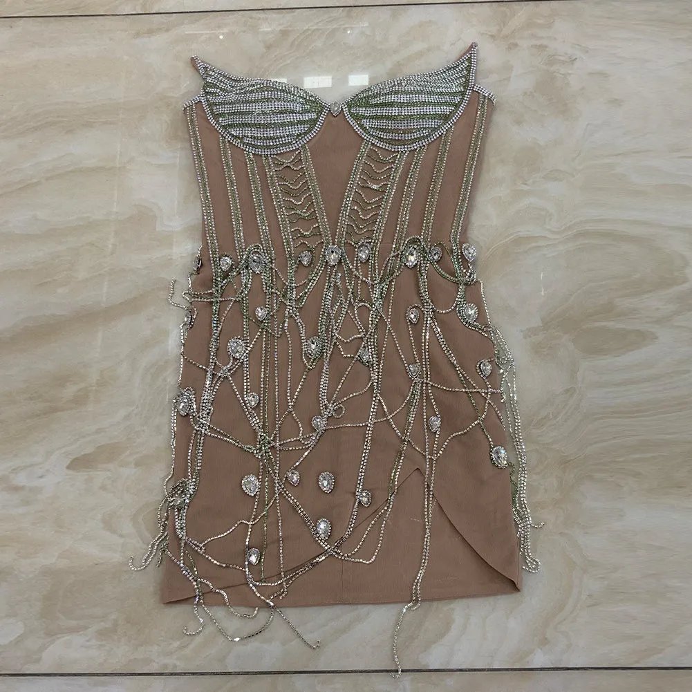 Strapless Sleeveless Drill Chain Mini Bodycon Dress HT978