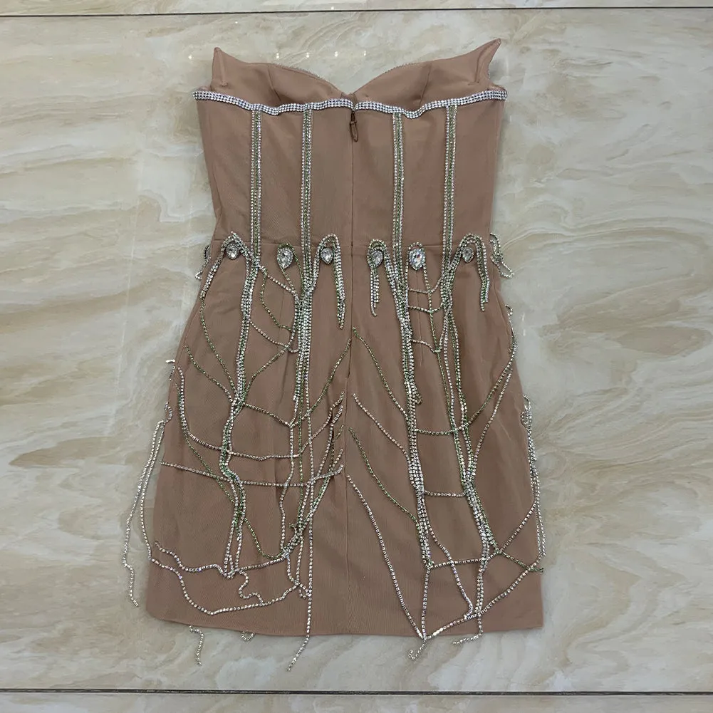 Strapless Sleeveless Drill Chain Mini Bodycon Dress HT978