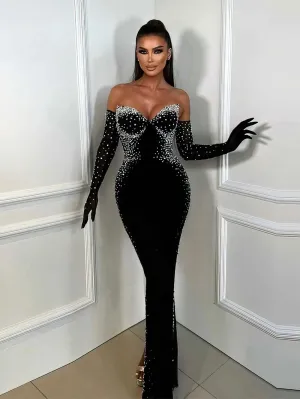 Strapless Sleeveless Pearled Maxi Bodycon Dress HT21830