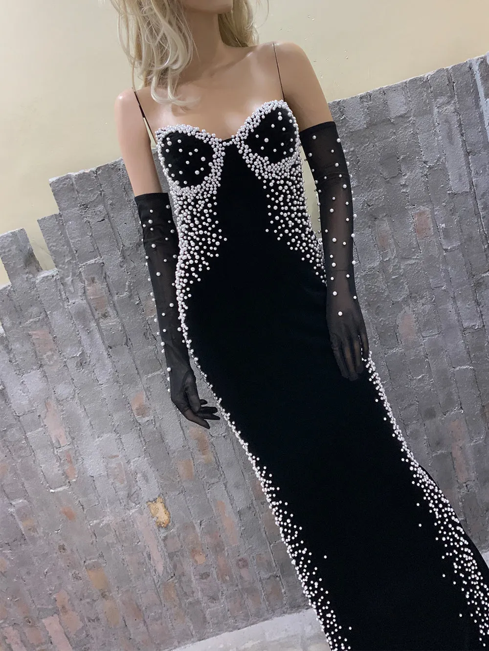 Strapless Sleeveless Pearled Maxi Bodycon Dress HT21830