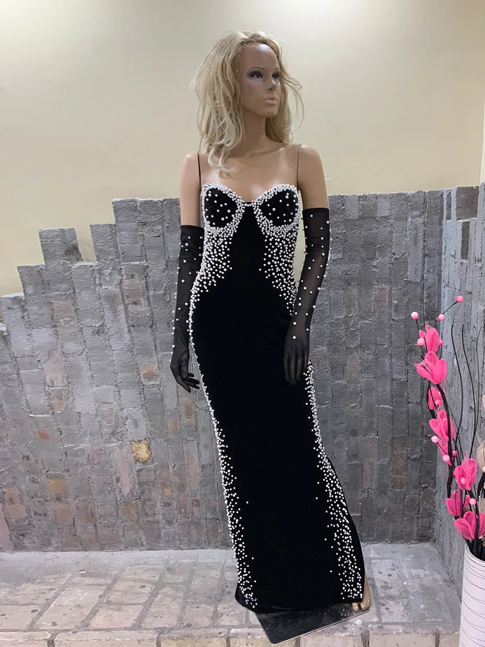 Strapless Sleeveless Pearled Maxi Bodycon Dress HT21830